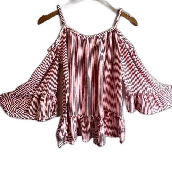 Beach Lunch Lounge Bell Statement Sleeve Blouse Striped Cold Shoulder Size XS - Picture 1 of 11